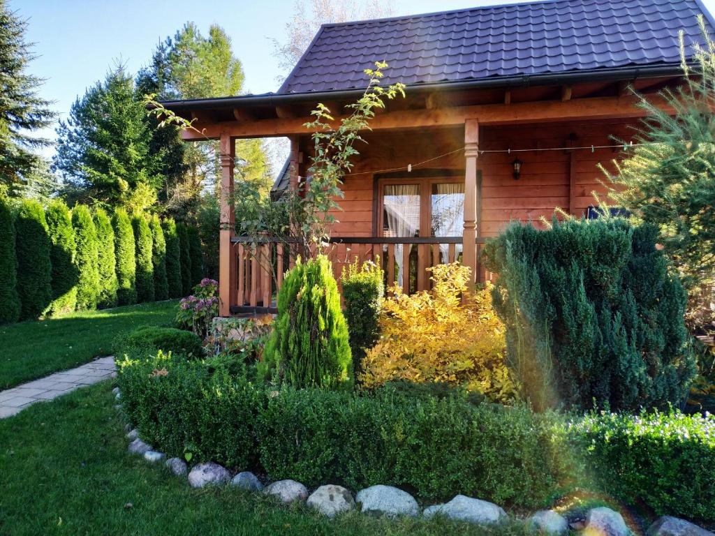 un giardino di fronte a una cabina di legno di Domek letniskowy OAZA a Ryn