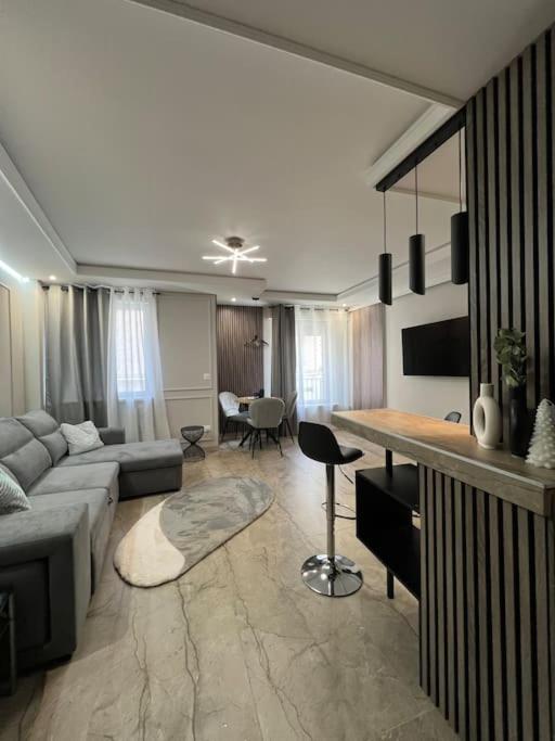 un salon avec un canapé et une table dans l'établissement Luxueux Appartement près de la Cathédrale, à Strasbourg