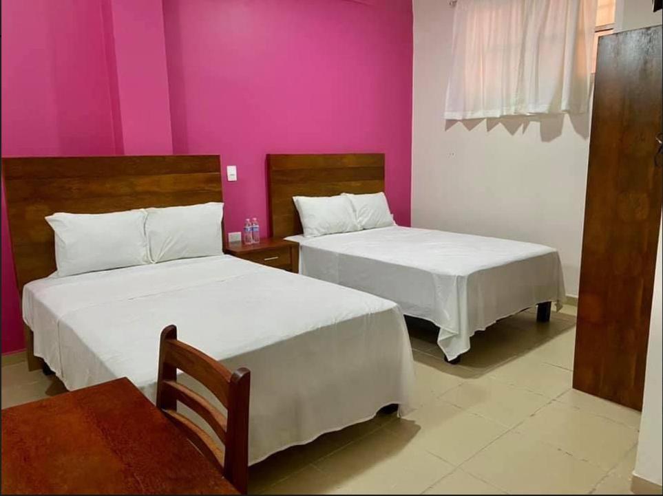 1 dormitorio con 2 camas y pared de color rosa en MI BELLO PARAISO en Paraíso