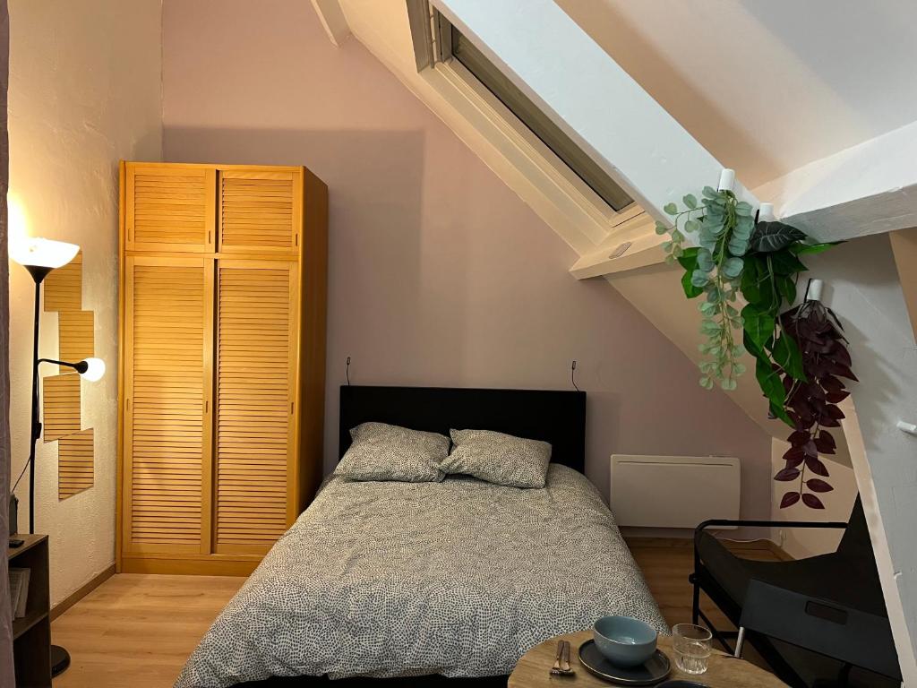 ein Schlafzimmer mit einem Bett im Dachgeschoss in der Unterkunft Studio Lumineux proche Paris et Orly in Savigny-sur-Orge