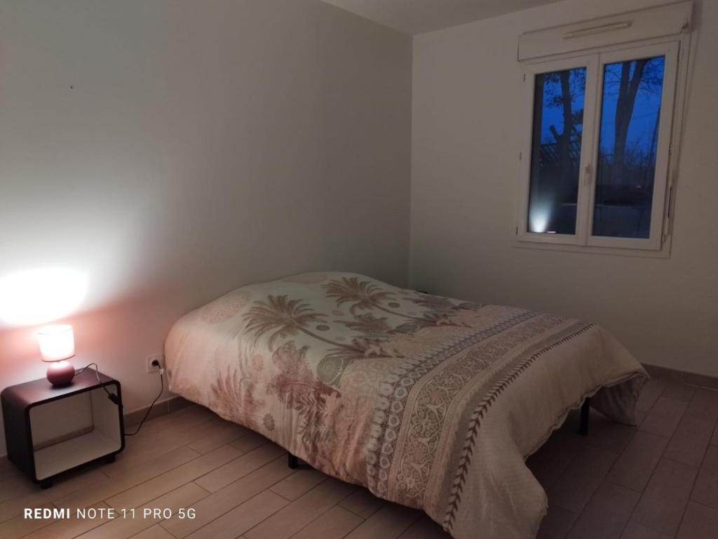 a bedroom with a bed and a lamp on a table at La casa en el campo A 20 minutes de Zoo Beauval &amp; 8 minutes de la flamme olympique à Valençay in Vicq-sur-Nahon