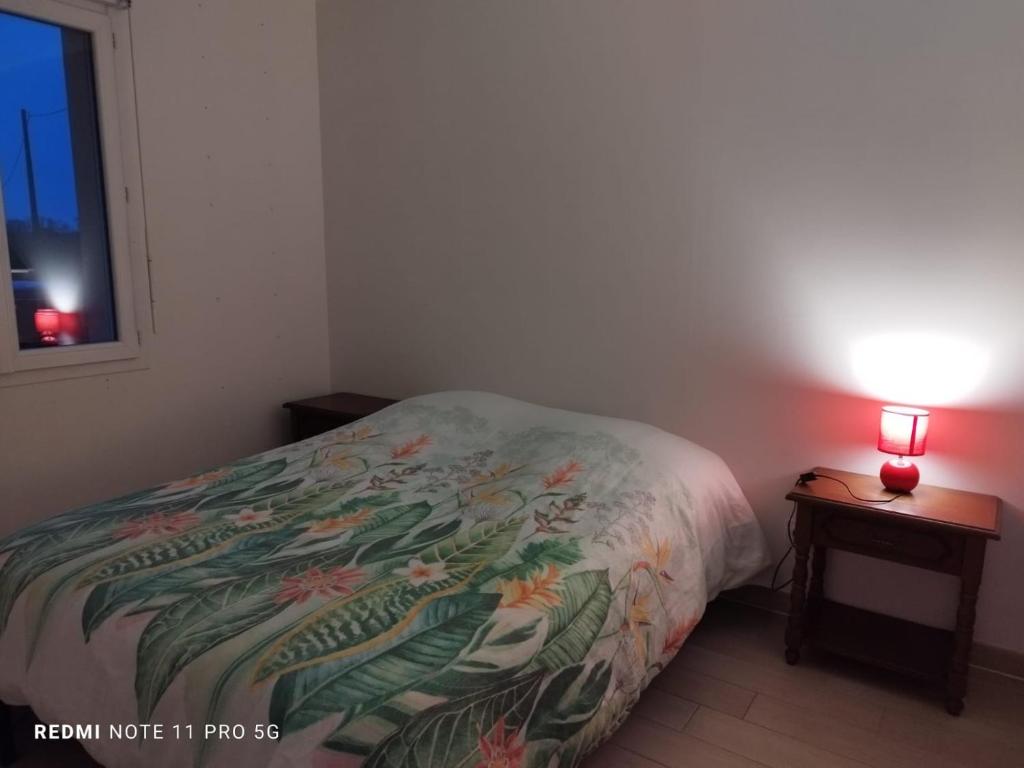a bedroom with a bed and a table with a lamp at La casa en el campo A 20 minutes de Zoo Beauval &amp; 8 minutes de la flamme olympique à Valençay in Vicq-sur-Nahon