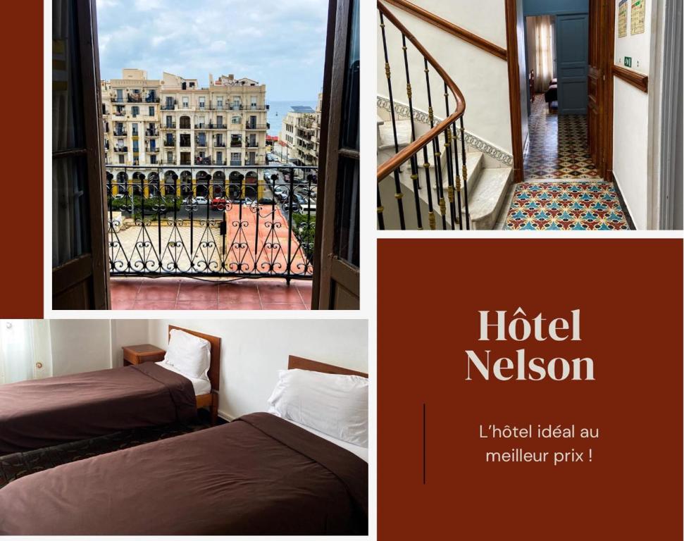 uma colagem de três fotos de um quarto de hotel em Hotel Nelson - Bab El Oued em Bab el Oued