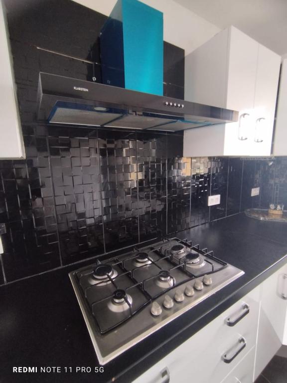 a stove top oven in a kitchen with black tiles at La casa en el campo A 20 minutes de Zoo Beauval &amp; 8 minutes de la flamme olympique à Valençay in Vicq-sur-Nahon