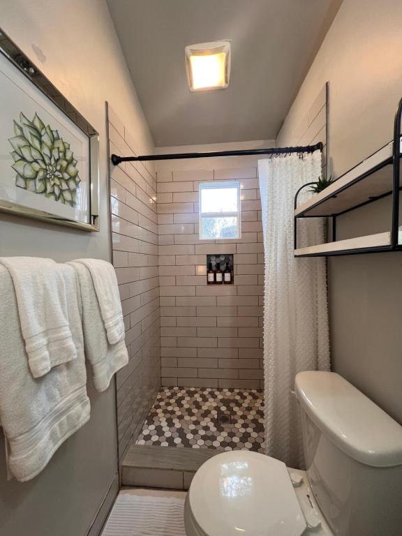 a bathroom with a shower and a toilet at Private modern guesthouse, near La Cantera/Medical Center in San Antonio