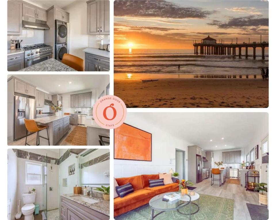 un collage de photos d'une cuisine et d'une plage dans l'établissement Manhattan Beach Family Suite Stylish 2 BR 1BA Parking, à Manhattan Beach