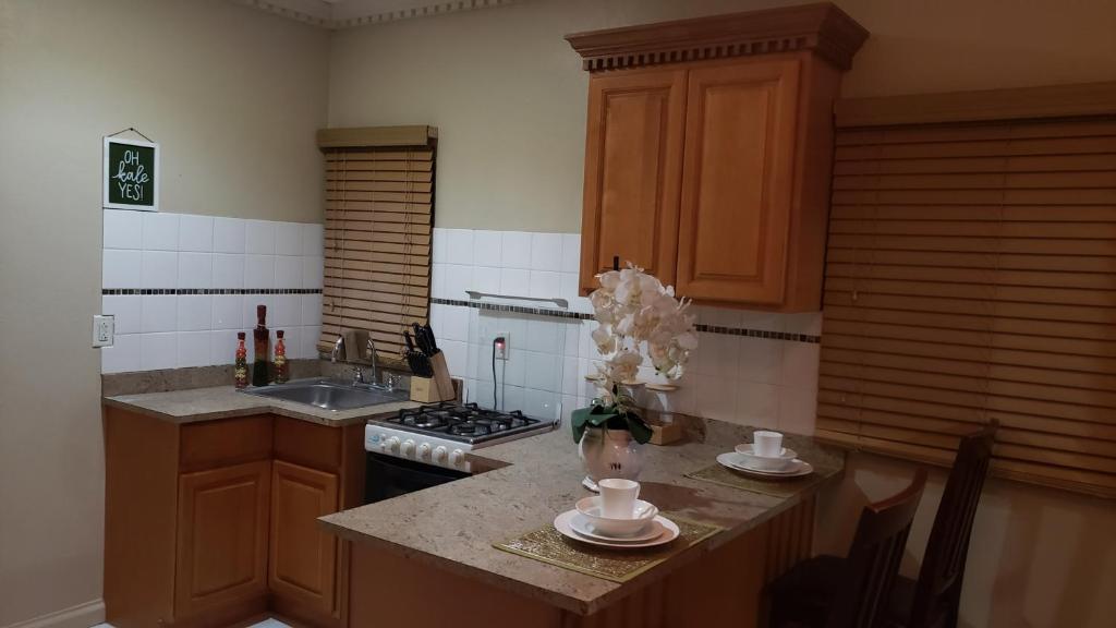 a kitchen with a counter with a sink and a stove at Home Away From Home in Nassau