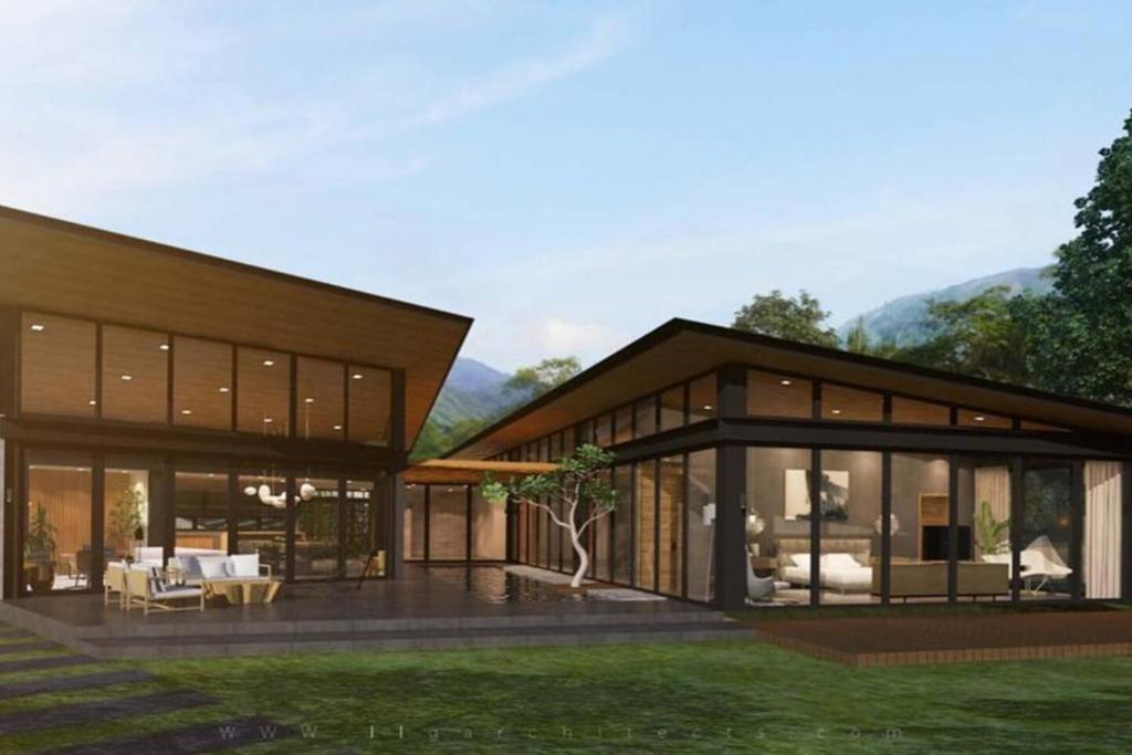 a rendering of a modern house with glass at 3BR Private Bungalow Duplicate in Davao City