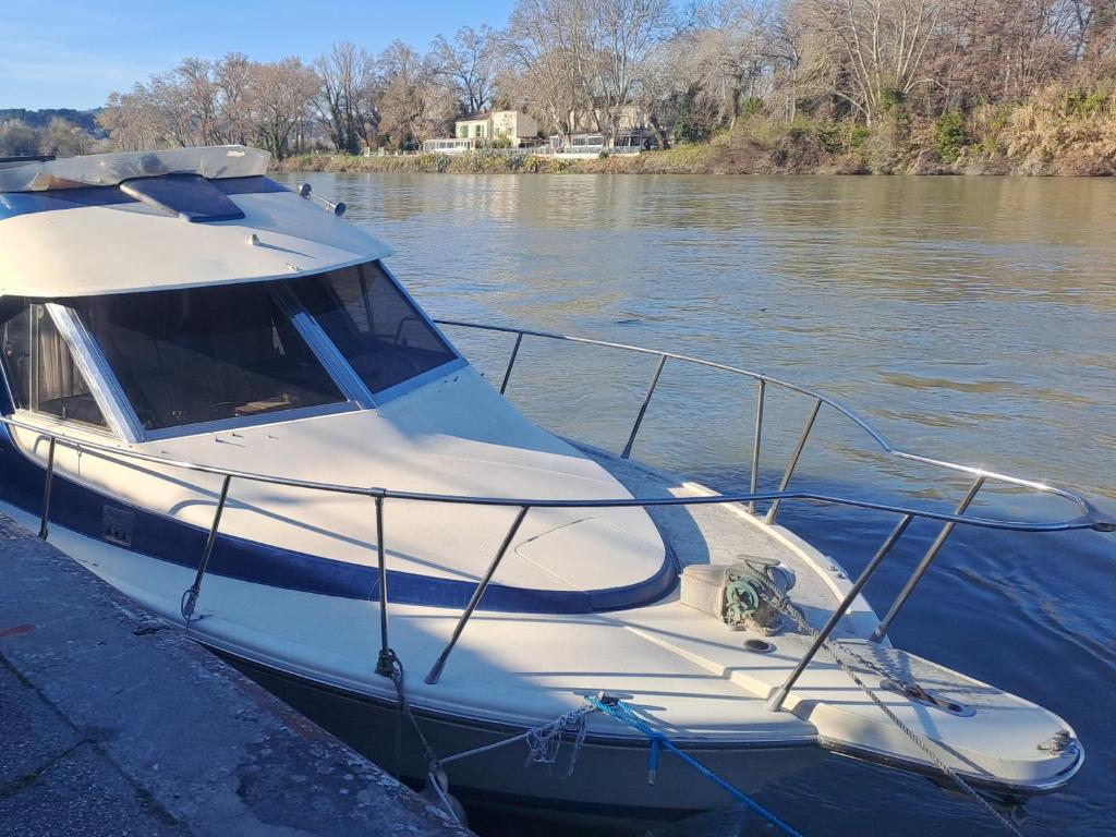 a white boat is docked in the water at HEBERGEMENT Bateau à Quai in Avignon
