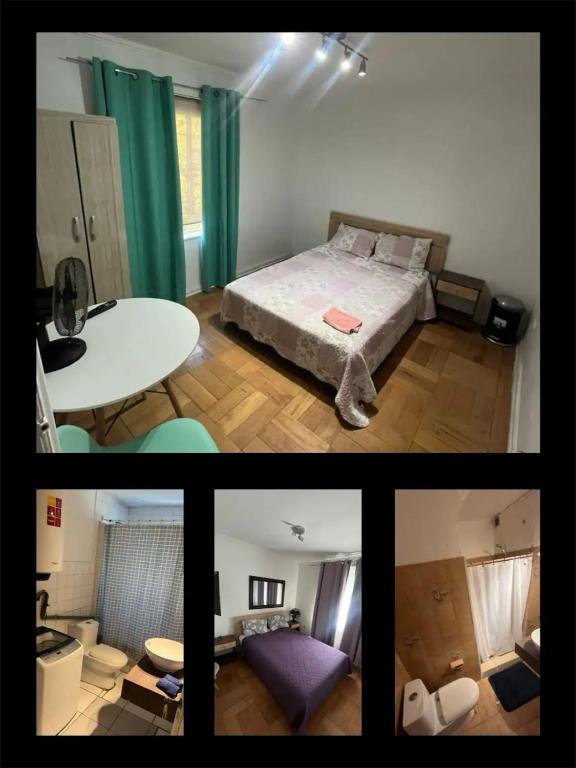 two pictures of a bedroom with a bed and a table at Habitacion de casa en Las Condes in Santiago