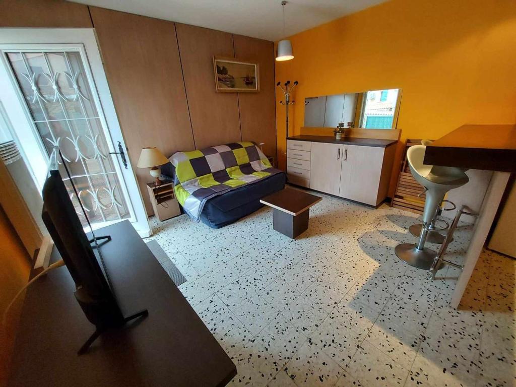 ein Wohnzimmer mit einem Sofa und einer Küche in der Unterkunft Studio Marseillan-Plage, 1 pièce, 2 personnes - FR-1-326-804 in Marseillan