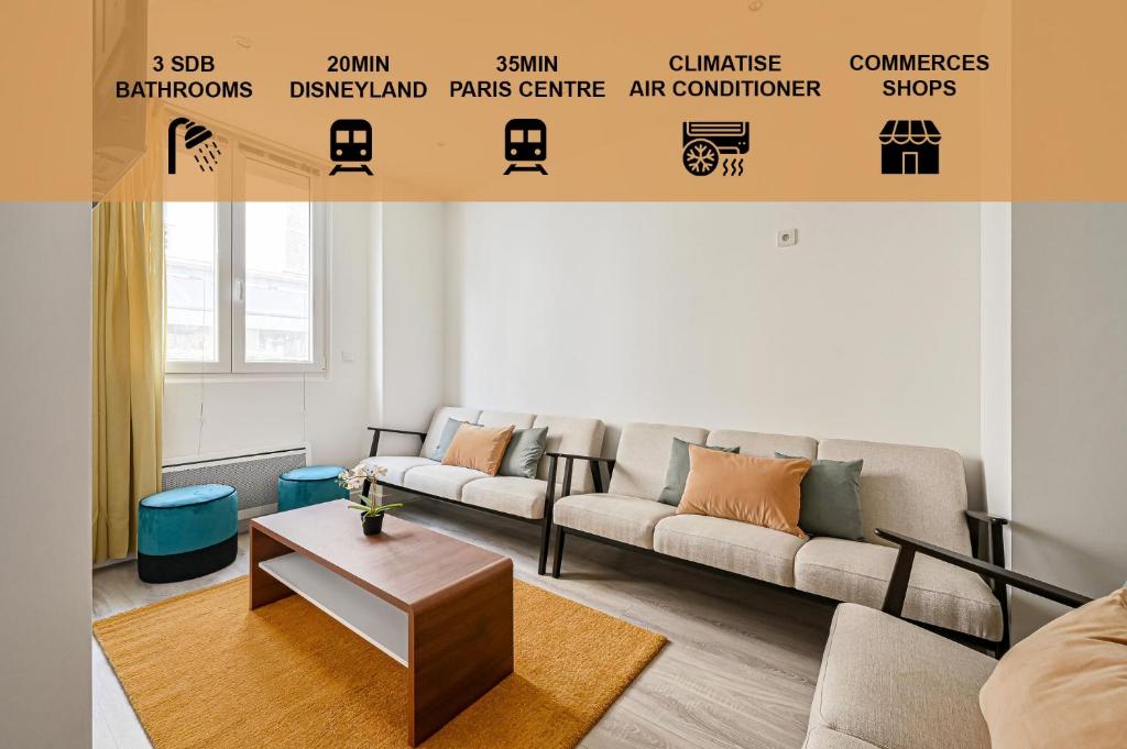 a living room with a couch and a table at L'Edificio - Paris Disney - 5 chambres - 12p in Champs-sur-Marne