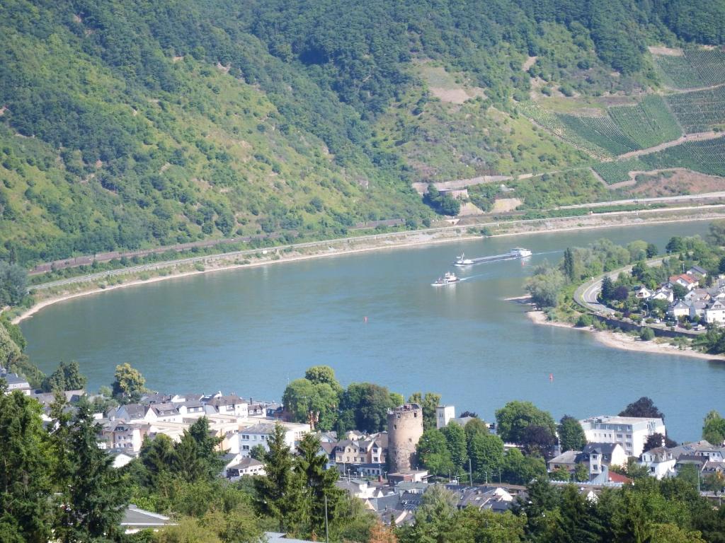 a view of a river with a town and a castle at Ferienwohnung Georg in Boppard