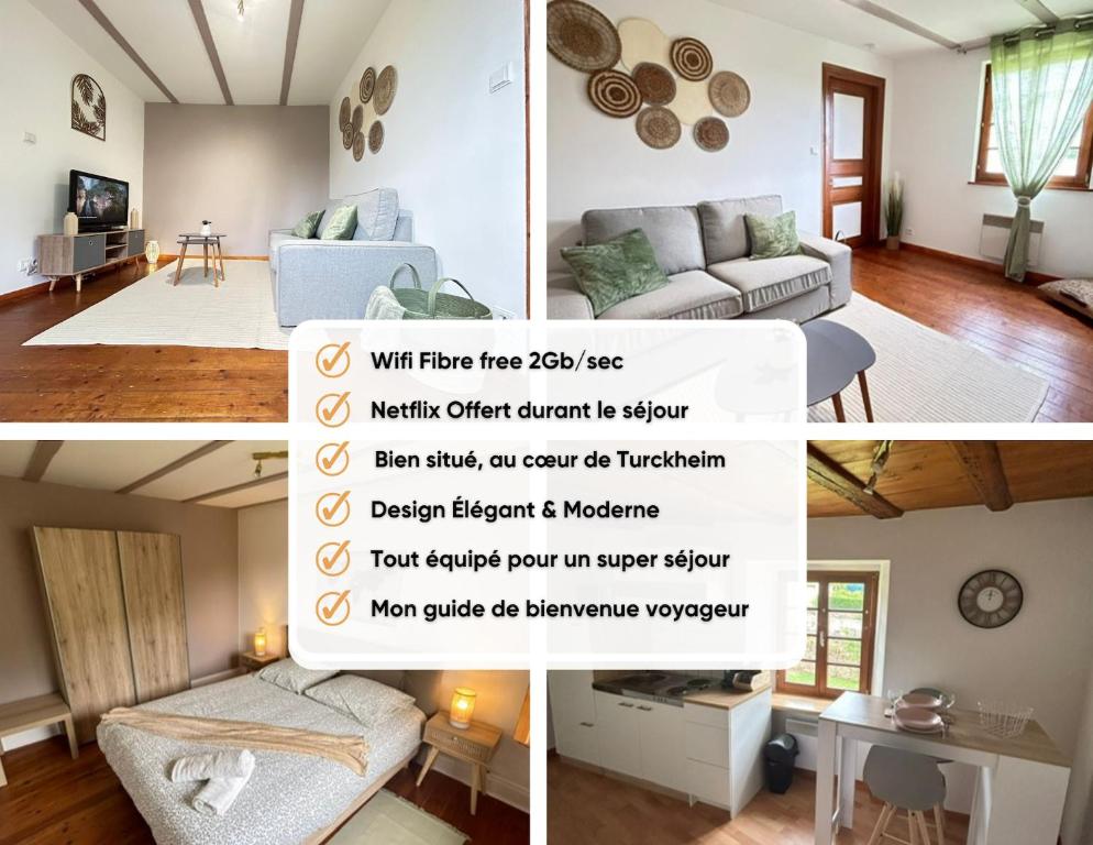 un collage de cuatro fotos de una sala de estar en Le Cocon du Vignoble - Free Wifi - Netflix en Turckheim