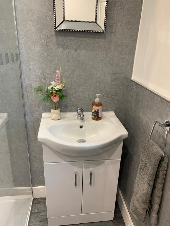 een badkamer met een witte wastafel en een douche bij Ouse House in Swinefleet
