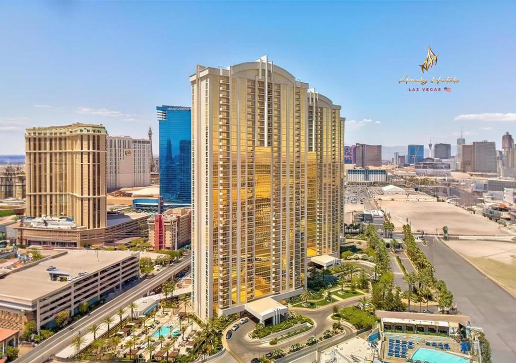 a view of a city skyline with tall buildings at Amalz Balcony Suites at Mgm Signature ! in Las Vegas