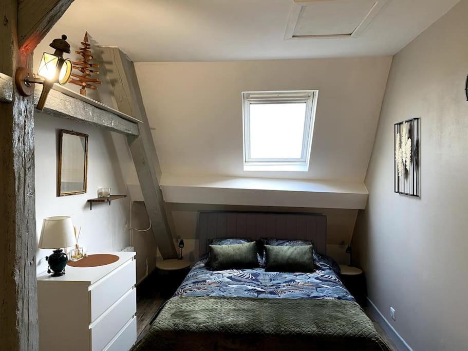 um pequeno quarto com uma cama e um lavatório em Le petit Baroque em Auxerre