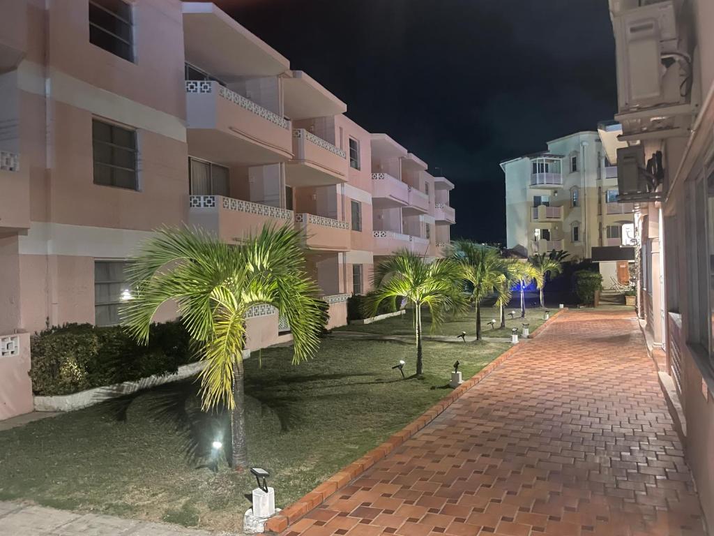 a palm tree in front of a building at night at The Monteray Hotel in Christ Church