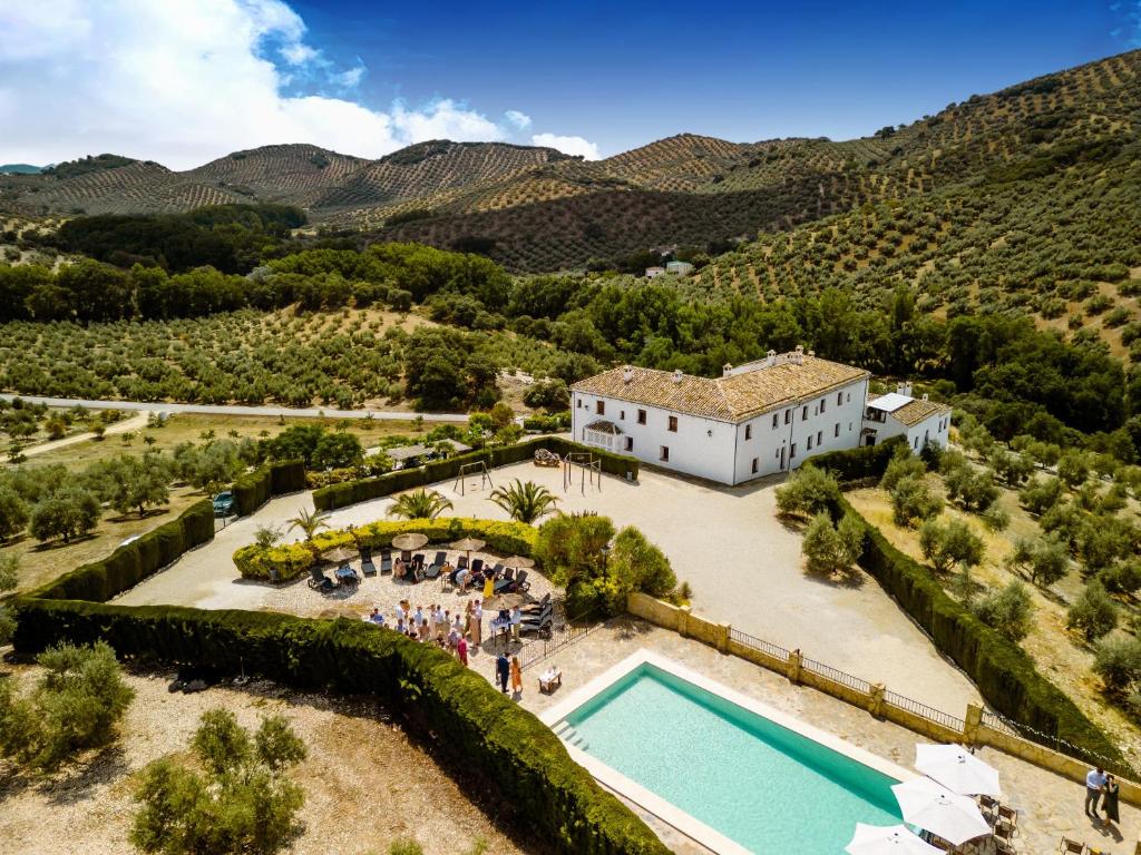 an aerial view of a villa with a swimming pool at Cortijo La Presa in Priego de Córdoba