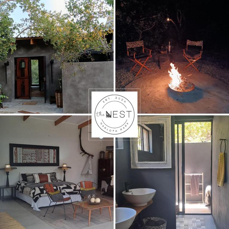 uma colagem de fotos de uma casa com uma fogueira em The Nest - Marloth Park em Marloth Park