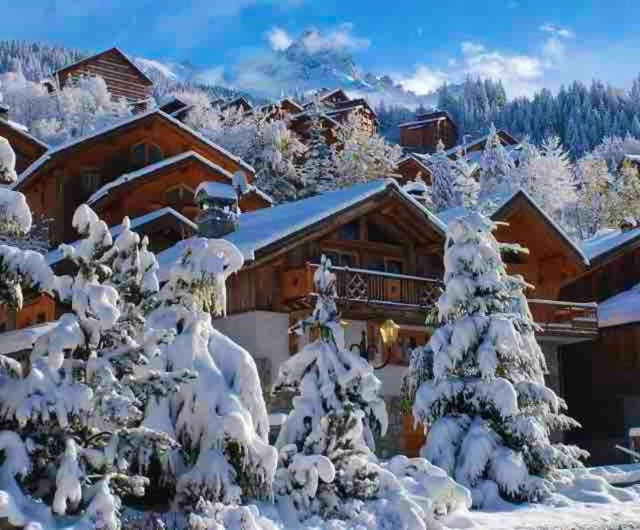 una cabaña de madera en la nieve con árboles nevados en Chalet de 3 chambres a Les Allues a 500 m des pistes avec terrasse et wifi, en Les Allues