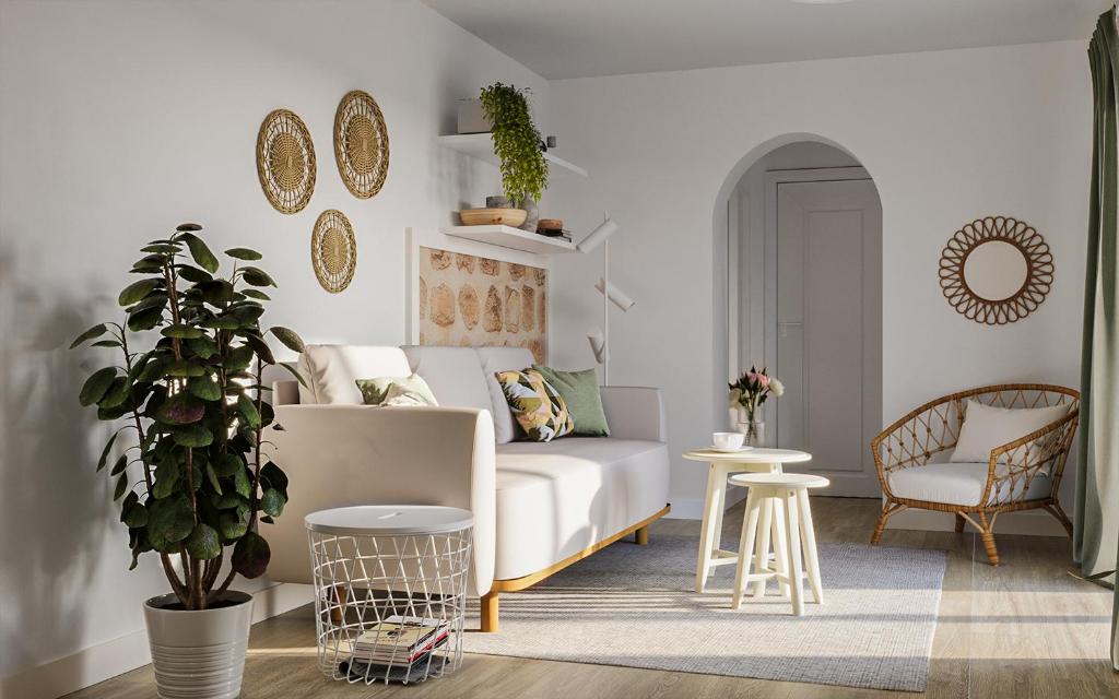 ein Wohnzimmer mit einer weißen Couch und einem Stuhl in der Unterkunft Robinsone House La Storia in Jelsa