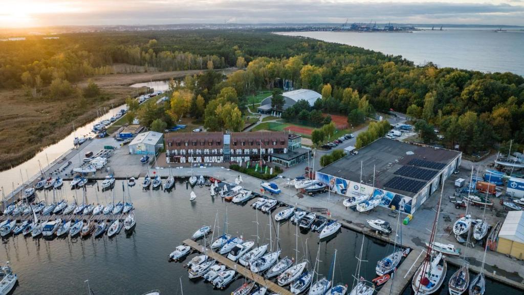 an aerial view of a marina with boats in the water at Hotel Galion in Gdańsk