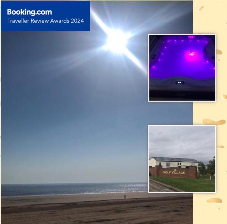 a collage of pictures of the beach and the sun at Seaside Cove Static Holiday Home With Private Hot Tub in Mablethorpe