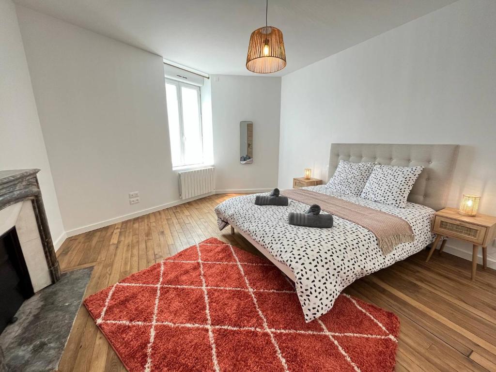 um quarto com uma cama grande e um tapete vermelho em Jaurès 1 -T2- 4p - Tramway - Gare - Centre ville em Le Mans