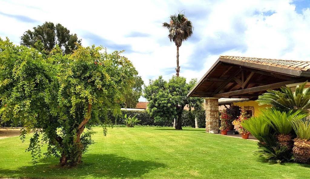 une cour verdoyante avec une maison et un arbre dans l'établissement CLUB HOUSE - ASD Sacramento Golf, à Sabaudia