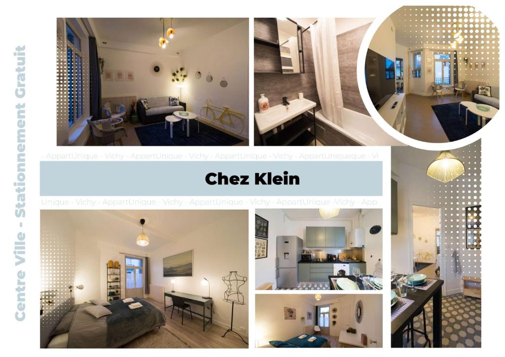 eine Collage mit Fotos von einer Küche und einem Wohnzimmer in der Unterkunft AppartUnique - Chez Klein in Vichy