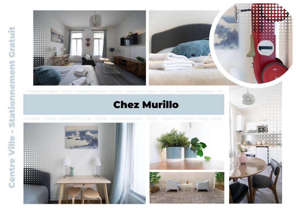 un collage di foto di una camera da letto e di un soggiorno di AppartUnique - Chez Murillo a Vichy