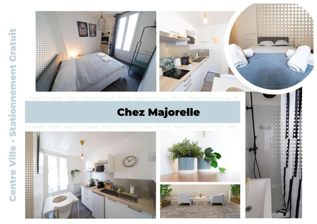 a collage of photos of a kitchen and a bedroom at AppartUnique - Chez Majorelle in Vichy