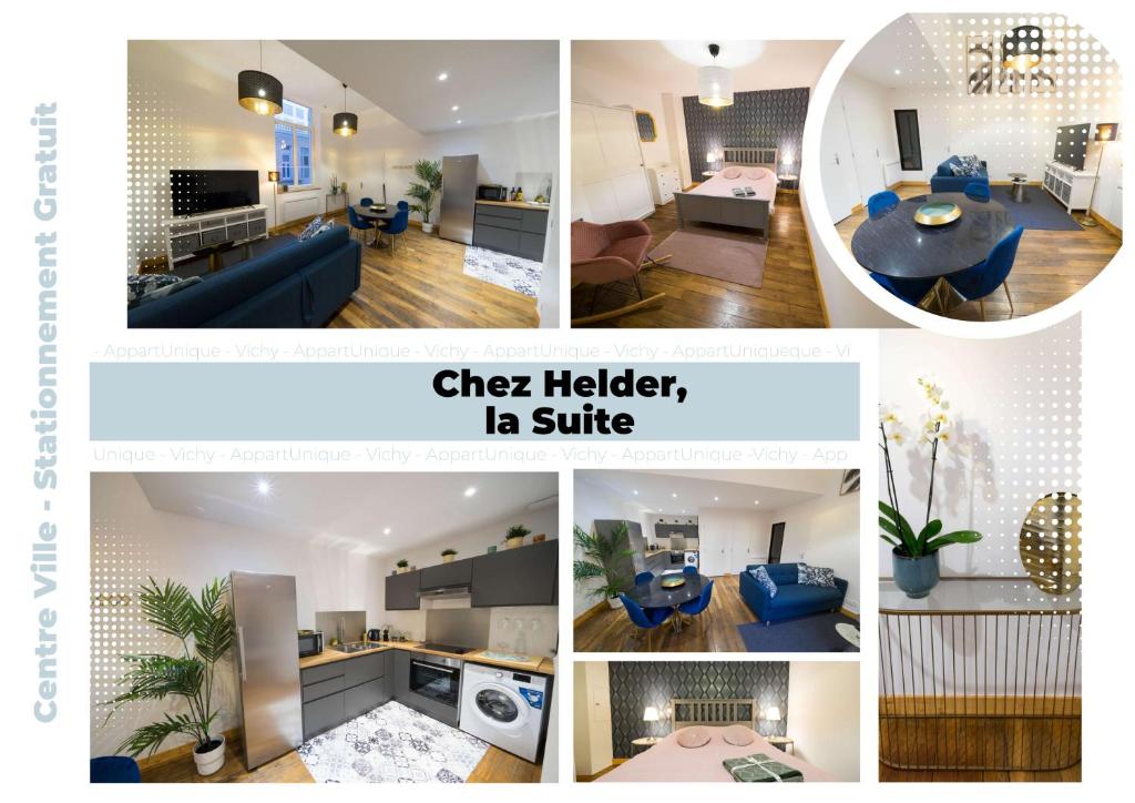 uma colagem de fotos de uma sala de estar e uma cozinha em AppartUnique - Chez Helder, la suite ! em Vichy