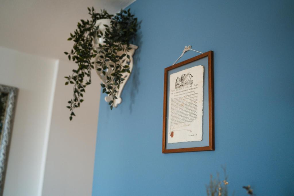a picture hanging on a blue wall with a plant at Hurban Apartments Muggia in Muggia