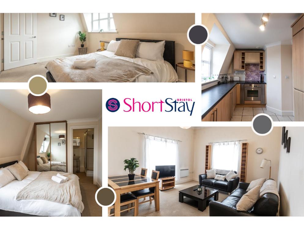 a collage of photos of a bedroom and a short stay at April Disc - Long Stay - Contractors in Swindon