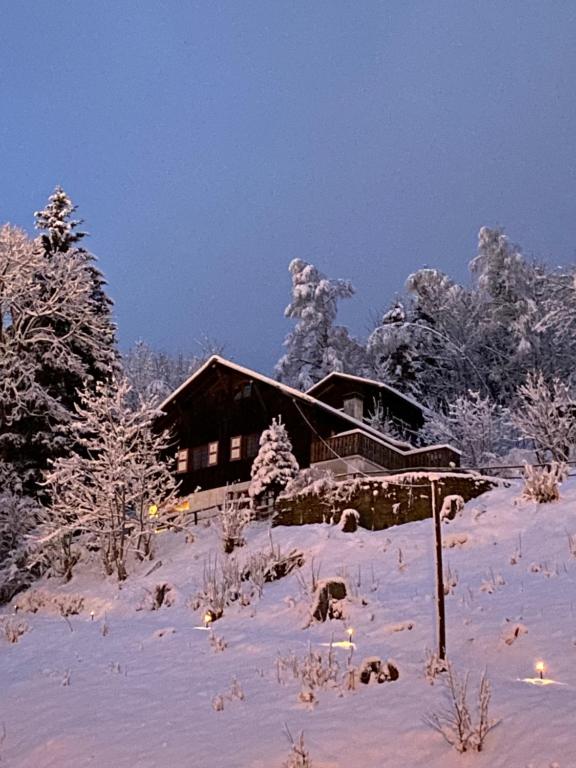 una casa ricoperta di neve di fronte agli alberi di Chalet Keller a Les Contamines-Montjoie
