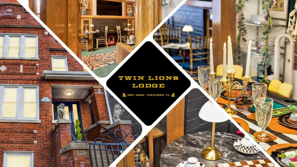 a collage of photos of a dining room with a table at The Twin Lions: Bespoke Travel Lodge w/ Speakeasy* in Chicago