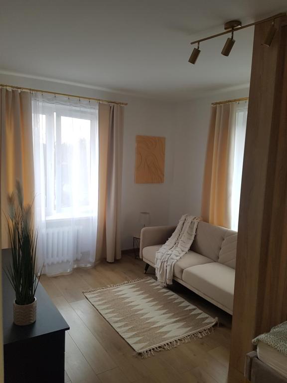 a living room with a couch and a window at Apartament Centrum Nowa Dęba in Nowa Dęba