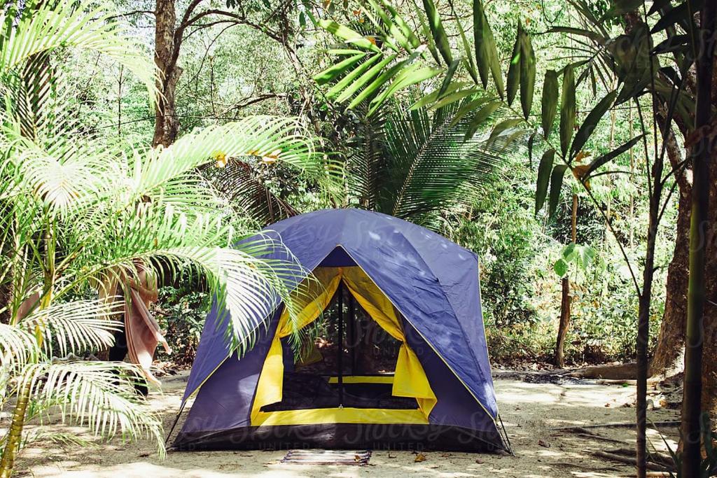 a blue and yellow tent in the middle of a forest at Putu Ubud Glamping Camping in Bedahulu