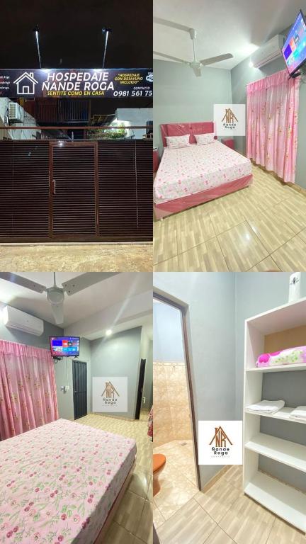 a collage of four pictures of a room with a bed at Ñande Roga in Asunción