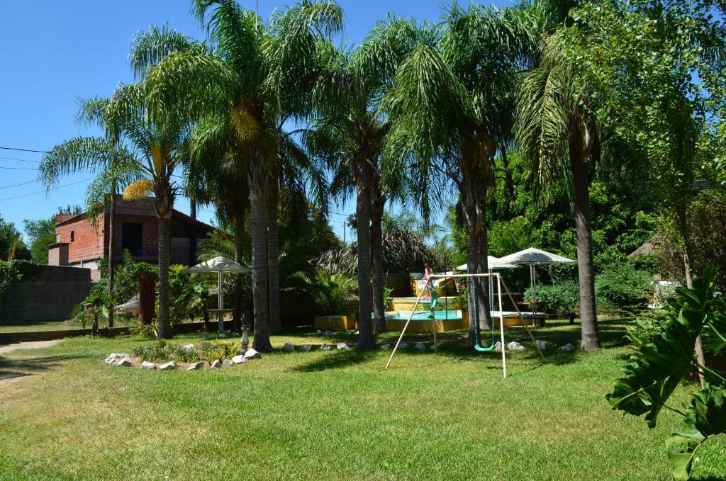 a yard with palm trees and a swing at Cabañas Fénix in La Guardia