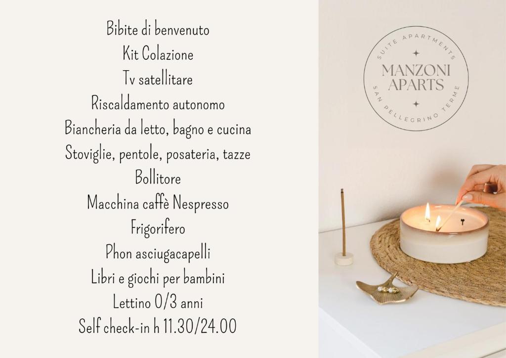 ein Menü für ein Restaurant mit einer Kerze auf dem Tisch in der Unterkunft MANZONI APARTS - Comfort SUITE in San Pellegrino Terme