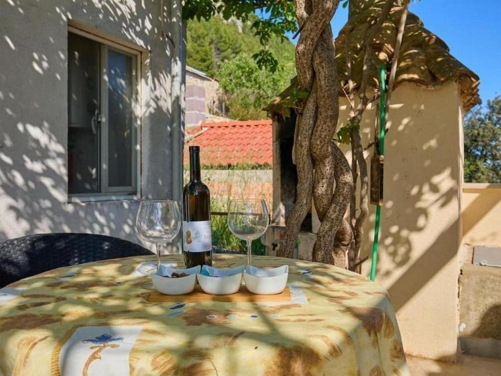 einen Tisch mit einer Flasche Wein und Gläsern darauf in der Unterkunft Apartments with a parking space Babino Polje, Mljet - 22322 in Babino Polje