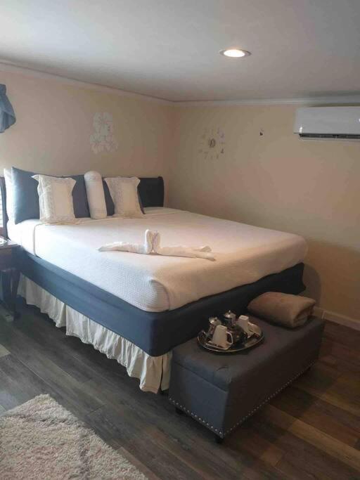 1 dormitorio con 1 cama grande con almohadas blancas en C & N Lodging, en Bluffton