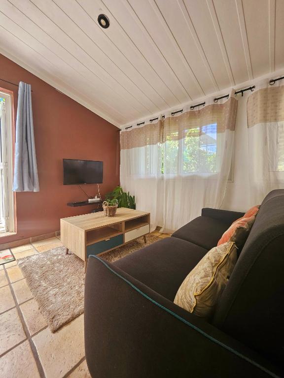 un salon avec un canapé et une télévision dans l'établissement L'Eskalya *** avec jacuzzi et piscine partagée, vue océan, à Saint-Joseph