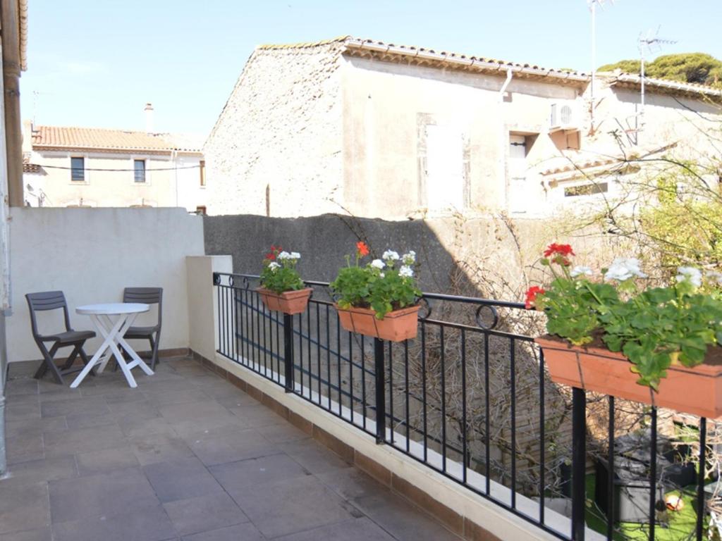 梅茲的住宿－Appartement Mèze, 4 pièces, 4 personnes - FR-1-604-46，阳台,围栏上放着两盆植物