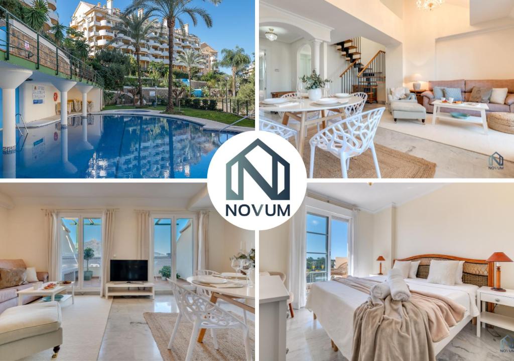 uma colagem de fotos de uma casa com piscina em Cozy 2 BDRM Apt w Sea Views Next to Puerto Banús em Marbella