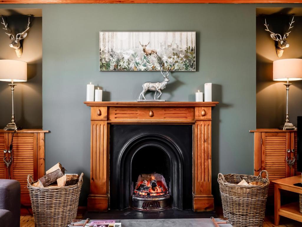 a fireplace in a living room with a picture on the wall at The Old Library in Brora