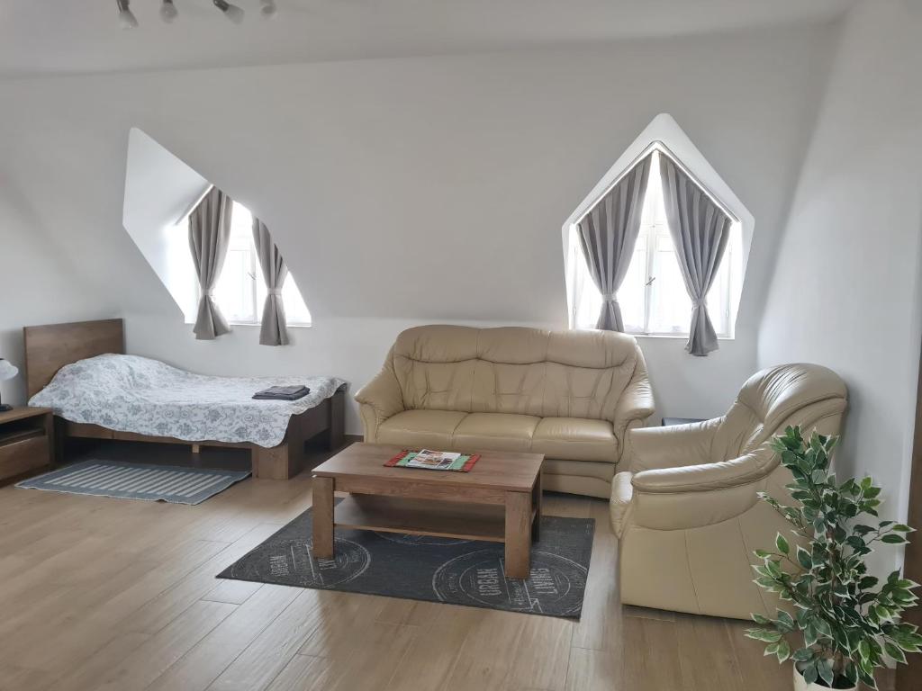 sala de estar con sofá y mesa en P16 Apartment, en Hajdúböszörmény